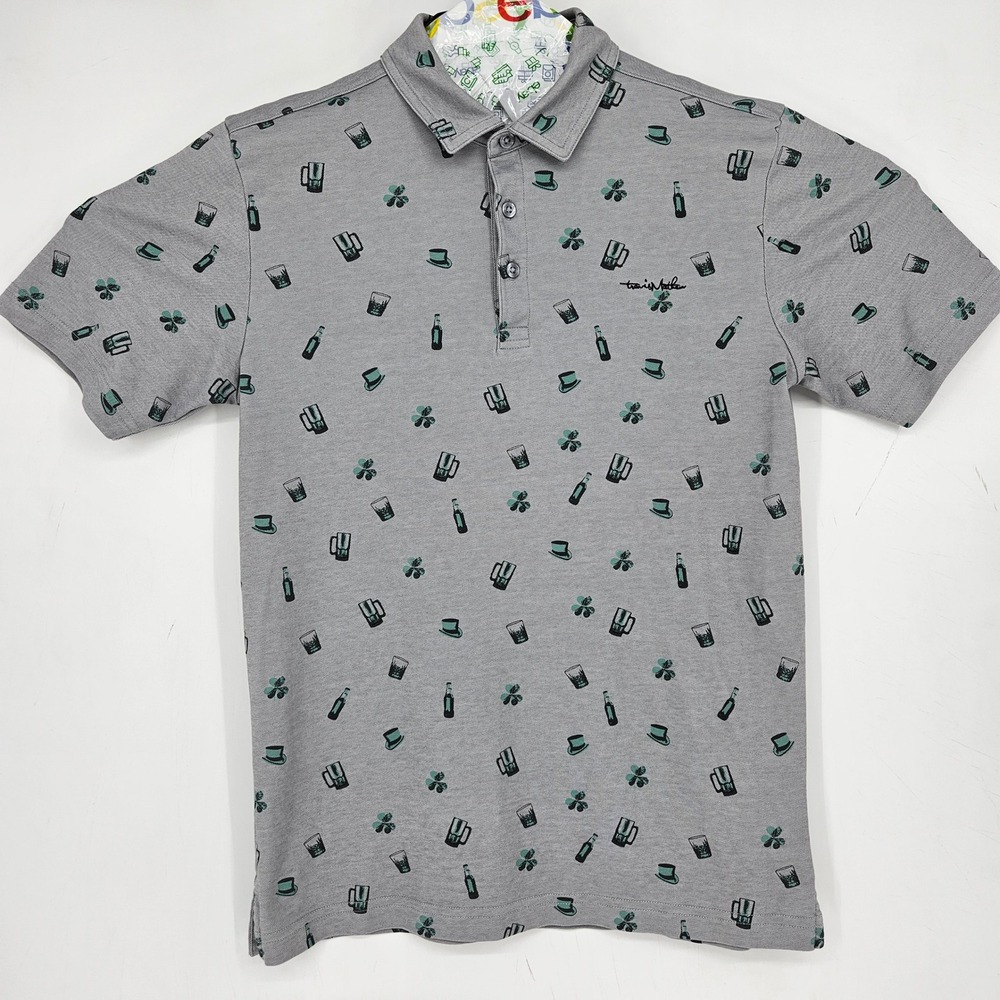 Travis Mathew Polo Shirt Mens Small St Patrick Day AOP Short Sleeve Performance